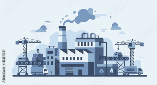 Flat design illustration of a factory industrial complex production line cranes and logistics