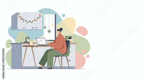 Remote work setup Woman uses laptop at home desk in cozy modern interior