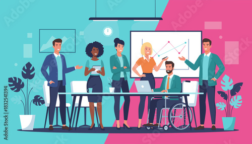 Diverse business team meeting inclusion collaboration and data presentation for success
