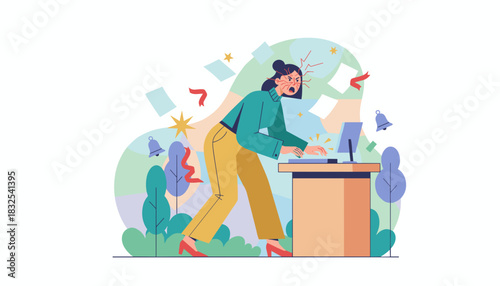 Angry worker overwhelmed by stress and urgent tasks furiously typing on her computer