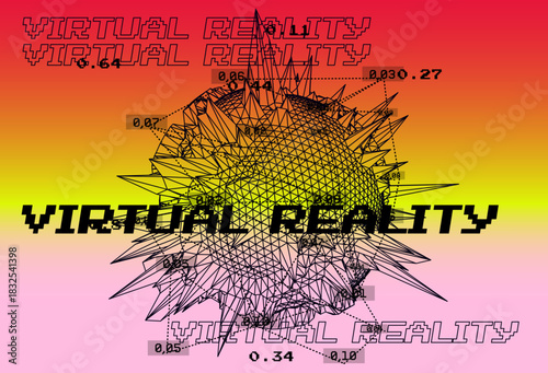 Cyberpunk vector illustration showcasing a spiky wireframe sphere exploding with data points and glitchy "VIRTUAL REALITY" text in pixel font. Futuristic, immersive Y2K tech and metaverse energy.