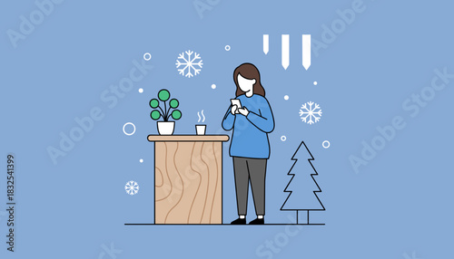 Woman using smartphone by table with coffee and plant in flat winter illustration