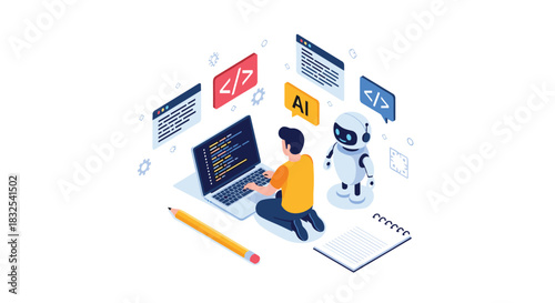 Isometric illustration of a developer coding on a laptop next to an AI robot, with programming language and code windows in the background.