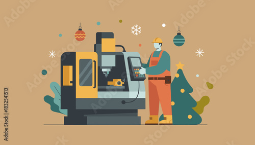Festive industrial scene Engineer operates a CNC machine surrounded by Christmas ornaments and a holiday tree