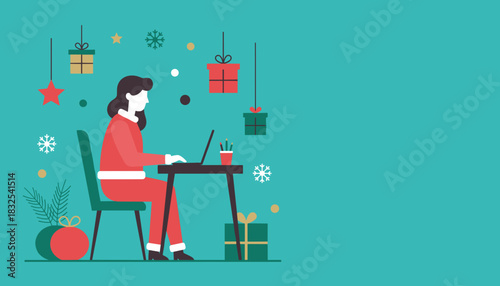 Woman in Santa suit working on laptop at desk surrounded by Christmas gifts and snowflakes Seasonal work