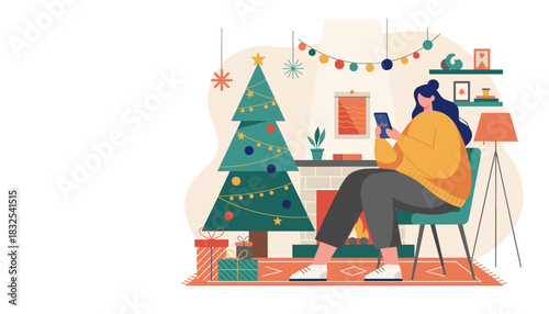 Enjoying Christmas at home woman uses technology by the fireplace