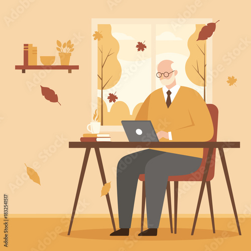 Cozy autumn teleworking senior man uses laptop near window with fall leaves