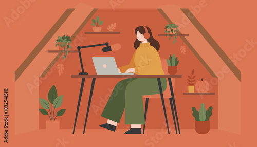 Woman recording a podcast in a cozy attic home office utilizing remote work and digital communication
