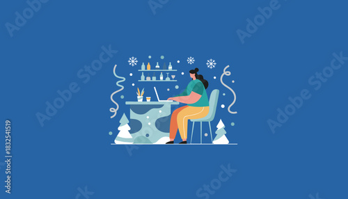 Remote work during holidays Woman uses laptop at a counter with festive winter decorations