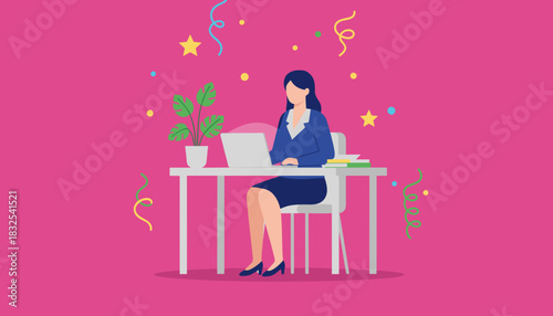 Businesswoman celebrating work success with confetti while working on laptop Vector illustration