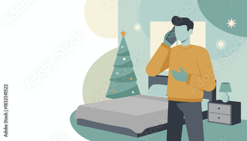 Man on phone in his holiday bedroom with a Christmas tree Remote communication or planning