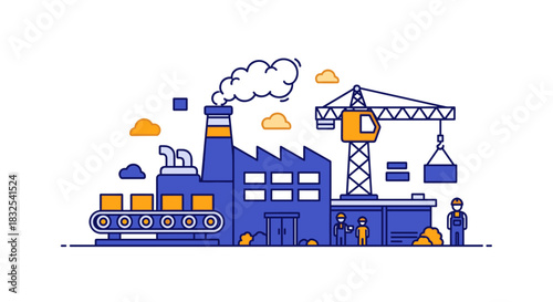 Production factory graphic with construction crane conveyor and logistics workers