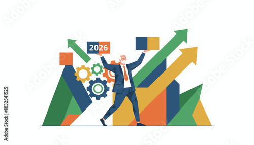 Senior businessman celebrating 2026 growth with gears arrows and successful business strategy