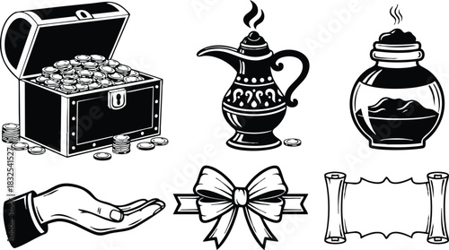 Monochrome vector art of treasure chest coins magic lamp potion jar open hand ribbon bow and blank scroll in graphic tattoo style