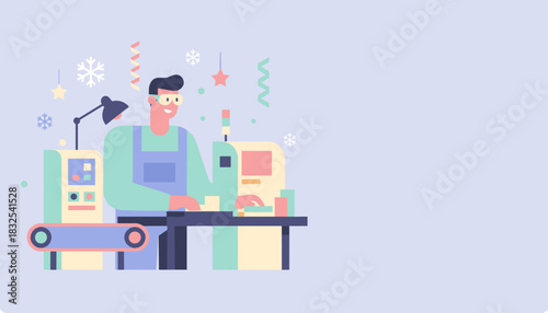 Happy worker using production line machinery in a winter holiday factory setting