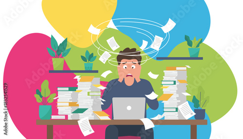 Man feeling overwhelmed by work overload and swirling documents at the desk