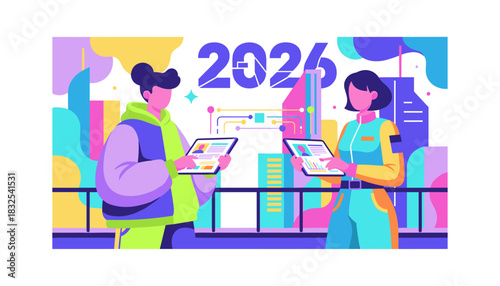 Man and woman planning for 2026 using tablets in a colorful modern business setting