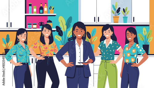 Empowered female business team posing confidently in a colorful modern office environment