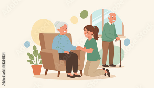 Compassionate caregiver assisting senior woman Elderly couple receives home care support