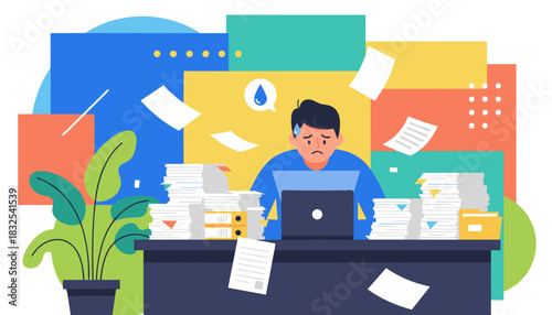 Stressed worker dealing with excessive paperwork and long hours at the desk Deadline overload concept