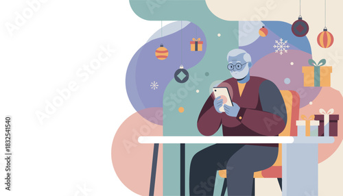 Grandfather using smartphone for holiday shopping or connecting surrounded by festive gifts and decorations