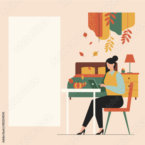 Woman remote working on laptop in a cozy autumn home setting with text space