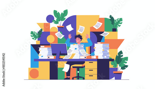 Businessman stressed by huge workload and flying documents Deadline bureaucracy concept