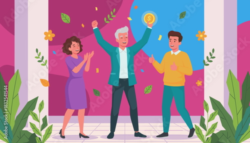 Business team celebrates financial victory senior man holds a golden dollar coin illustration