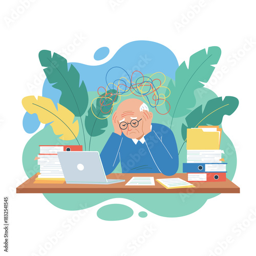 Stressed senior man overwhelmed by work documents and tangled thoughts at his office desk