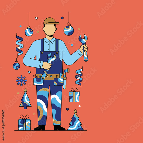 Festive handyman holding wrenches offering maintenance services during the Christmas holiday season