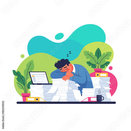 Exhausted businessman sleeping on a huge pile of office paperwork Business burnout concept