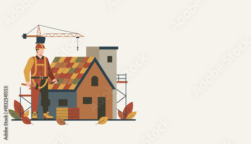 Flat design of a construction worker near a house under renovation with a crane and scaffolding