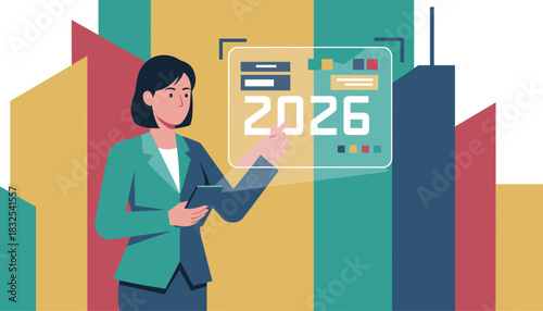 Professional woman forecasts 2026 goals on a futuretech screen in the city