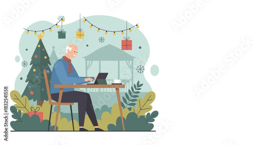 Happy senior works remotely on a tablet during Christmas holidays near a decorated tree