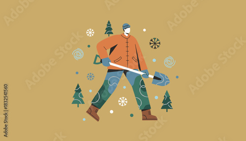 Man in winter gear shoveling snow surrounded by snowflakes and trees Winter work concept