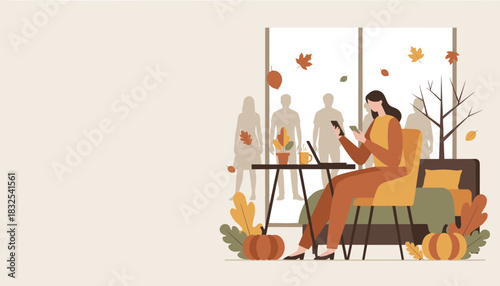 Woman using smartphone in cozy autumn interior with pumpkins and falling leaves Remote worklifestyle