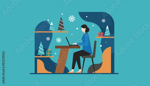 Woman working on laptop surrounded by winter holiday decorations and Christmas trees