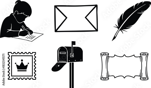 Flat vector art set of black mail icons with child writing letter envelope feather pen stamp crown mailbox and blank scroll in simple silhouette style
