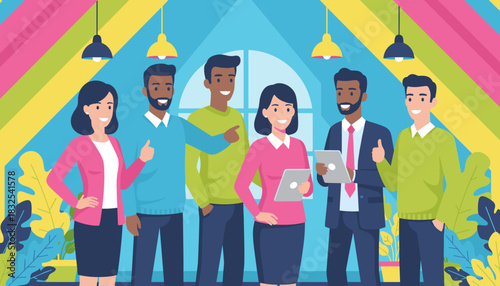 Diverse business team celebrating success in a colorful modern office environment