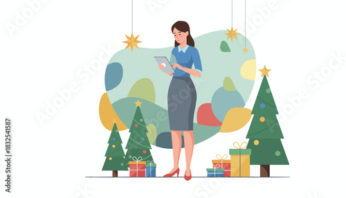 Businesswoman checking tasks on a tablet during the busy corporate holiday season