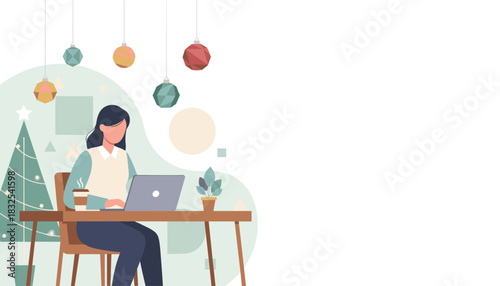 Woman working on laptop at a festive desk setup with Christmas tree and ornaments