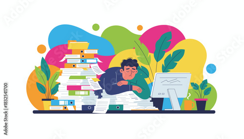 Overworked businessman sleeping on a massive pile of documents Stress burnout and office exhaustion concept