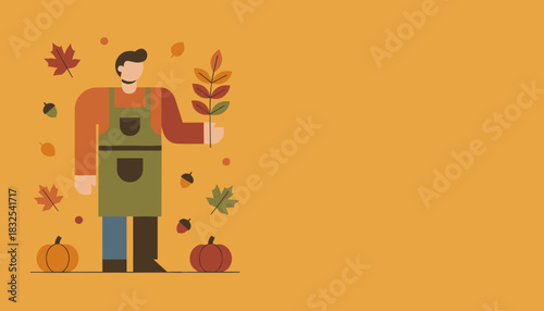 Fall design template Man in apron with pumpkins leaves and acorns on an orange background