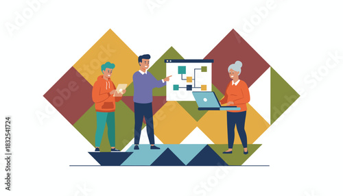 Diverse team planning project workflow using laptop and tablet