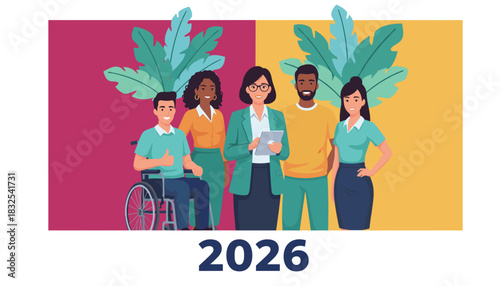 Diverse business team smiling representing inclusion accessibility and collaboration in the workplace