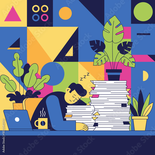Tired employee sleeps on a huge paperwork pile exhausted by work and corporate burnout