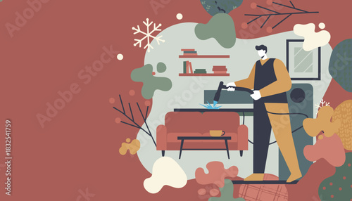 Home DIY project man welding in a living room Cozy flat illustration with winter themes