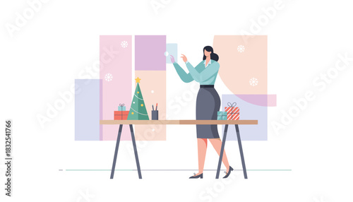 Professional woman planning holiday tasks in a modern office with Christmas decorations