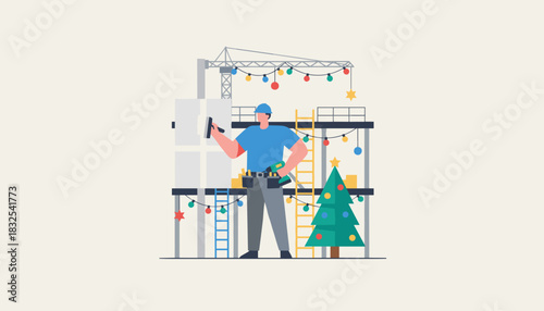 Construction worker decorating job site with Christmas lights and a tree for the holidays