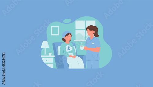 Compassionate nurse assists smiling patient with awareness ribbon symbolizing cancer recovery or chronic illness care